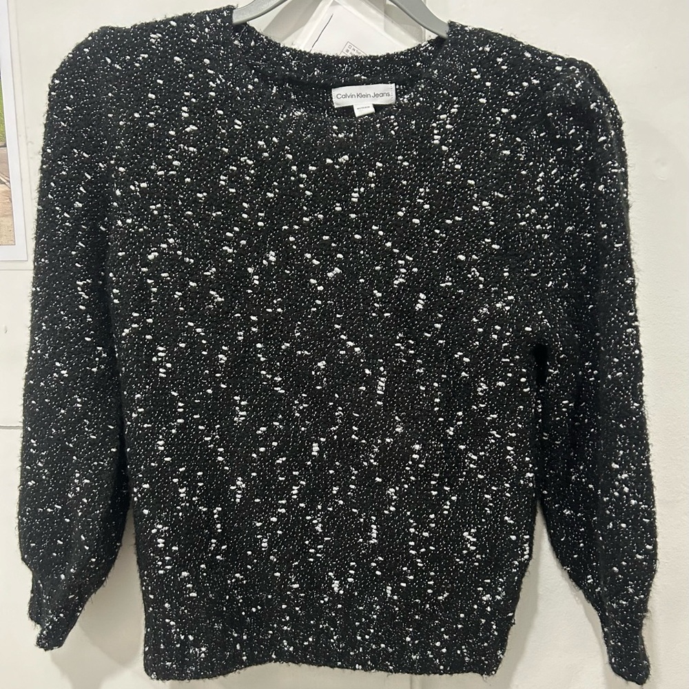 Calvin Klein Black and White Crew Neck Sweater with Speckled Design